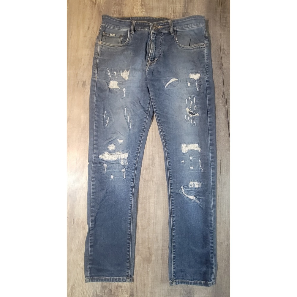 True Religion Mens Distressed Slim Fit Blue Denim Jeans Size 36 Buddha Brand